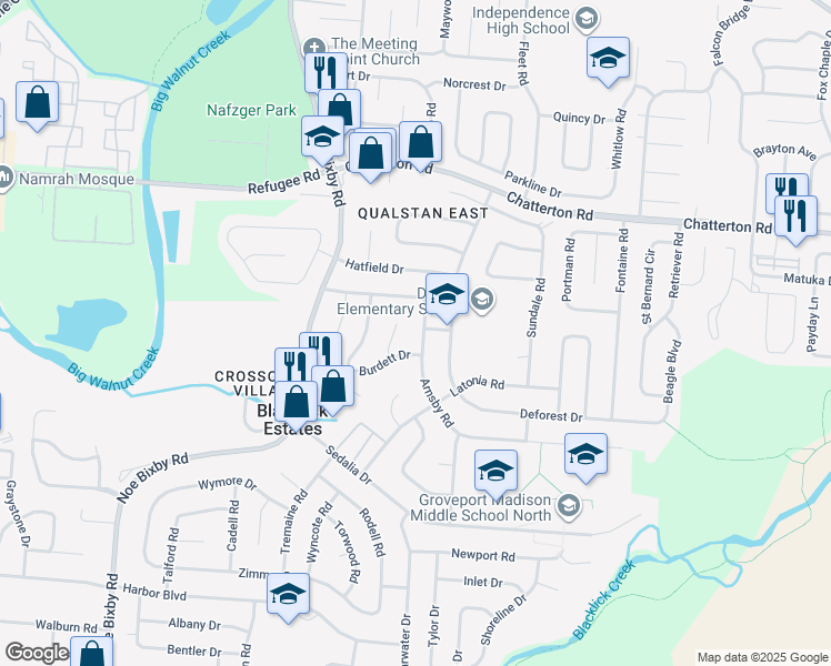 map of restaurants, bars, coffee shops, grocery stores, and more near 3255 Arnsby Road in Columbus