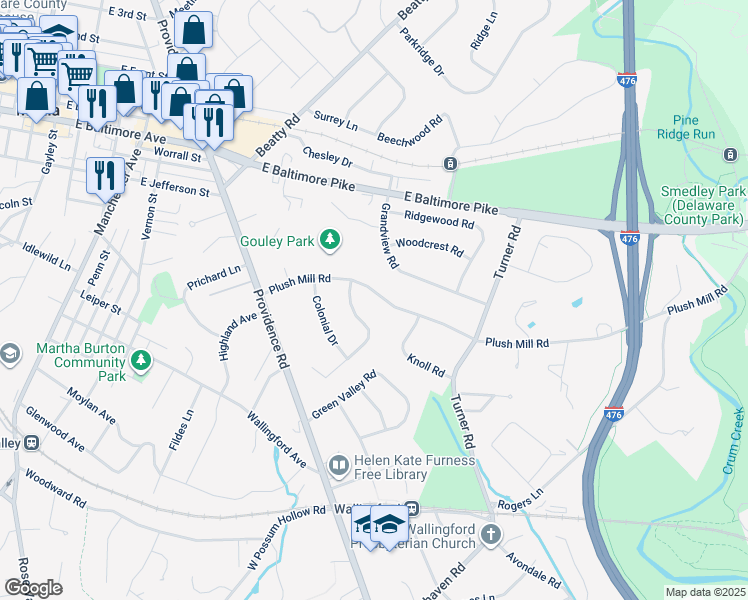 map of restaurants, bars, coffee shops, grocery stores, and more near 202 Plush Mill Road in Delaware County