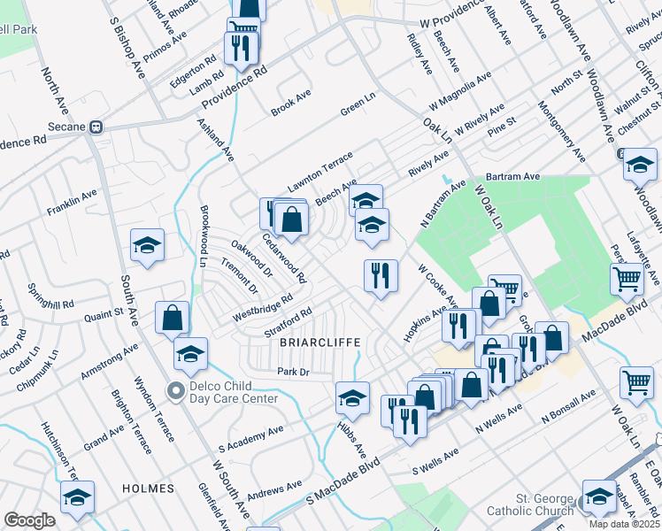 map of restaurants, bars, coffee shops, grocery stores, and more near 909 West Ashland Avenue in Glenolden