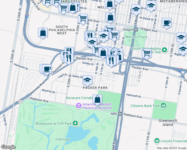 map of restaurants, bars, coffee shops, grocery stores, and more near 1808 Forrestal Street in Philadelphia