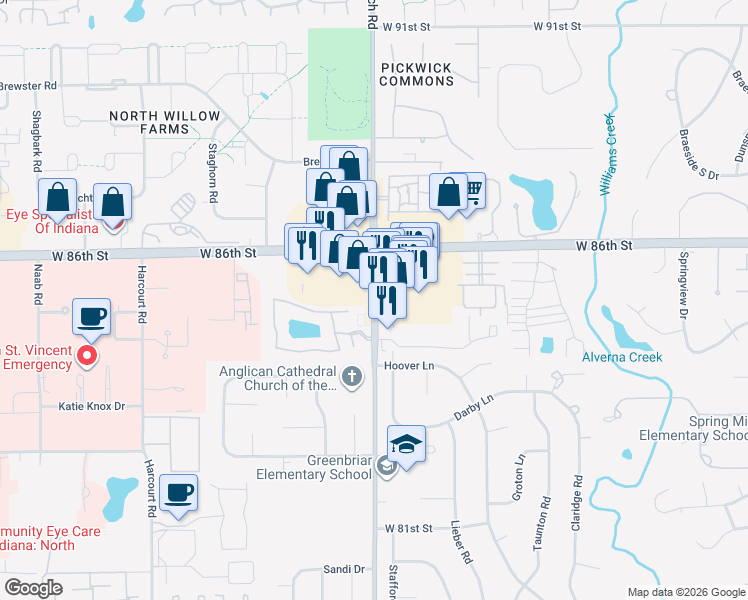 map of restaurants, bars, coffee shops, grocery stores, and more near 8535 Ditch Rd in Indianapolis