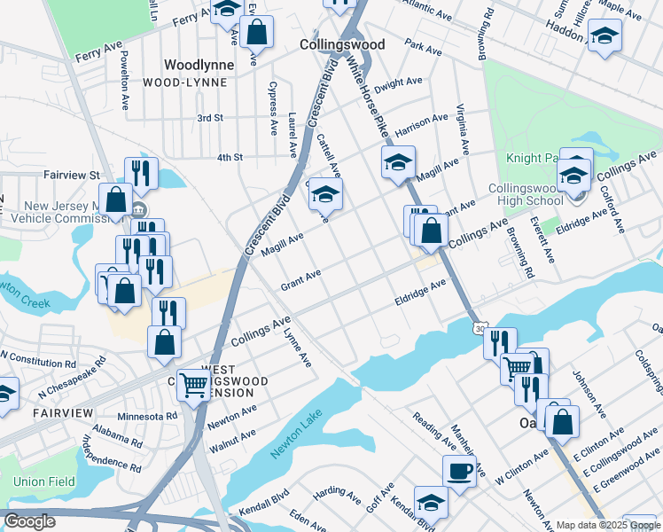 map of restaurants, bars, coffee shops, grocery stores, and more near Grant Avenue in Oaklyn