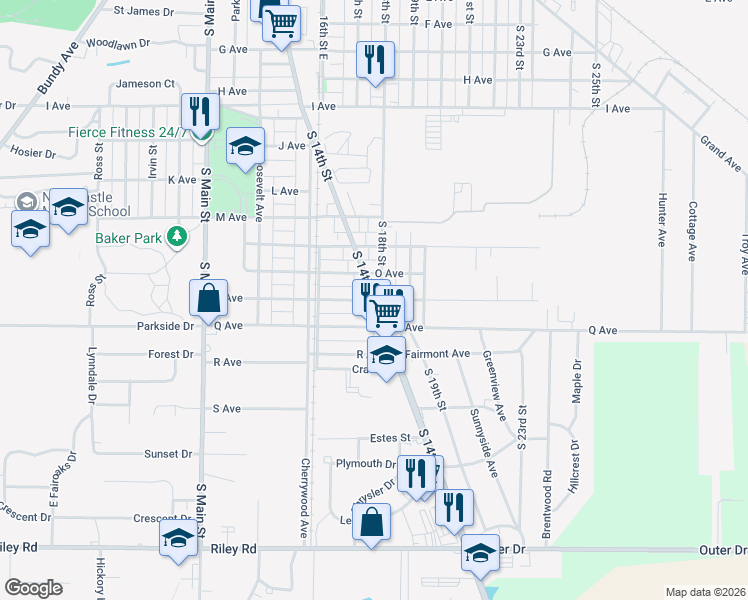 map of restaurants, bars, coffee shops, grocery stores, and more near 2300 South 14th Street in New Castle