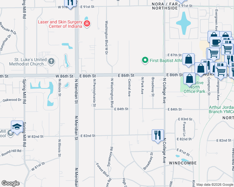map of restaurants, bars, coffee shops, grocery stores, and more near 8455 North Washington Boulevard in Indianapolis