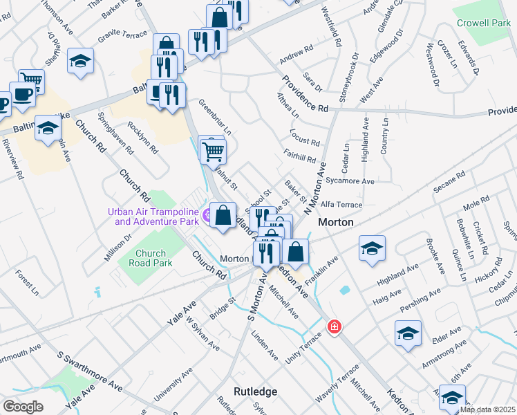 map of restaurants, bars, coffee shops, grocery stores, and more near 121 Walnut Street in Morton