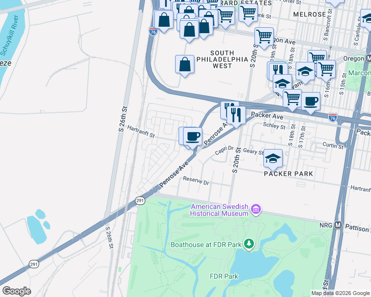 map of restaurants, bars, coffee shops, grocery stores, and more near 3340 Penrose Ferry Road in Philadelphia
