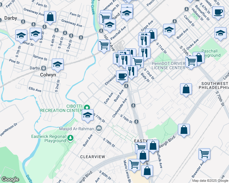 map of restaurants, bars, coffee shops, grocery stores, and more near 2547 South 75th Street in Philadelphia
