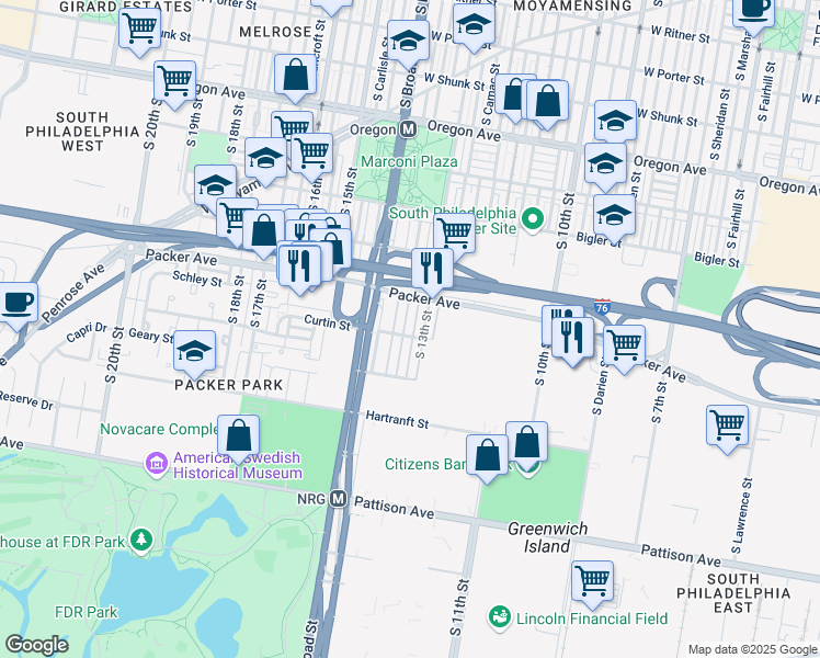 map of restaurants, bars, coffee shops, grocery stores, and more near 3135 South Juniper Street in Philadelphia