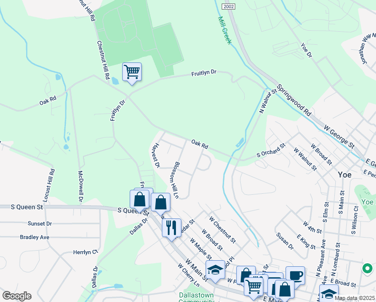 map of restaurants, bars, coffee shops, grocery stores, and more near 613 Blossom Hill Lane in Dallastown