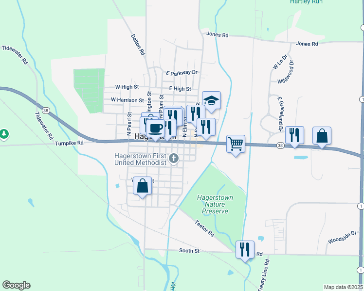 map of restaurants, bars, coffee shops, grocery stores, and more near 153 East Main Street in Hagerstown
