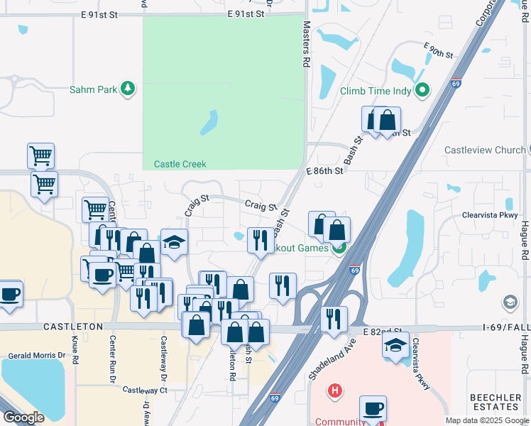 map of restaurants, bars, coffee shops, grocery stores, and more near 6850 Reunion Lane in Indianapolis