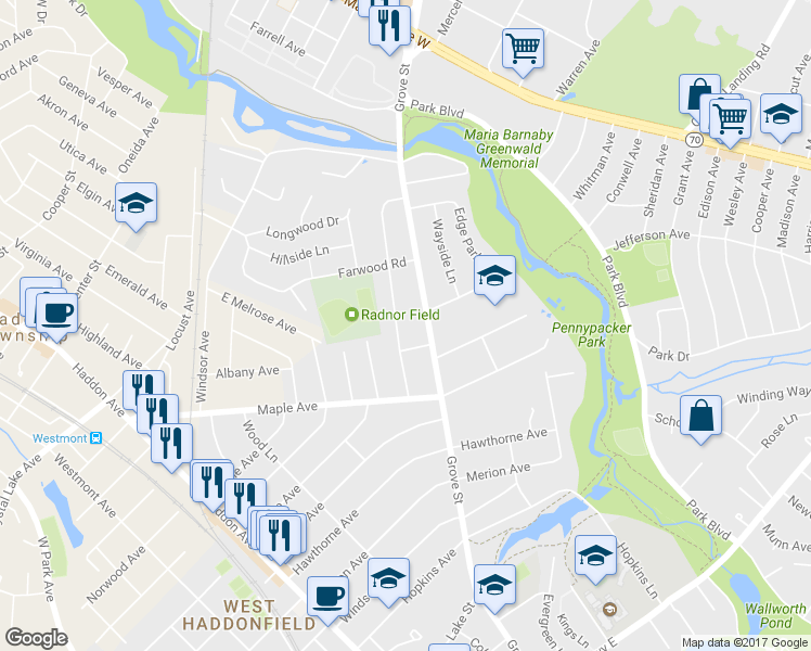 map of restaurants, bars, coffee shops, grocery stores, and more near 713 Cedar Avenue in Haddonfield