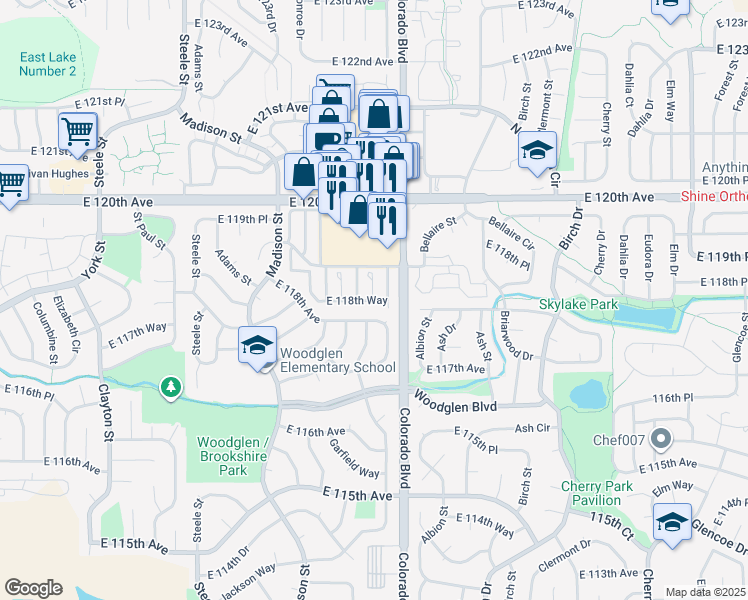 map of restaurants, bars, coffee shops, grocery stores, and more near 11000 Jackson Circle in Thornton