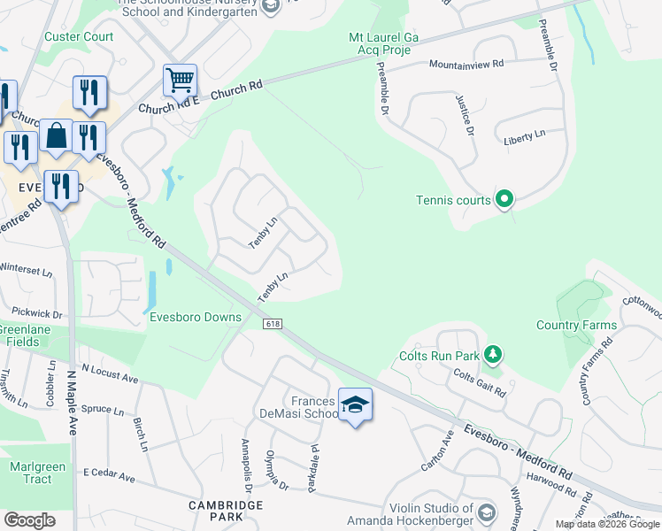 map of restaurants, bars, coffee shops, grocery stores, and more near 10 Winstead Court in Evesham