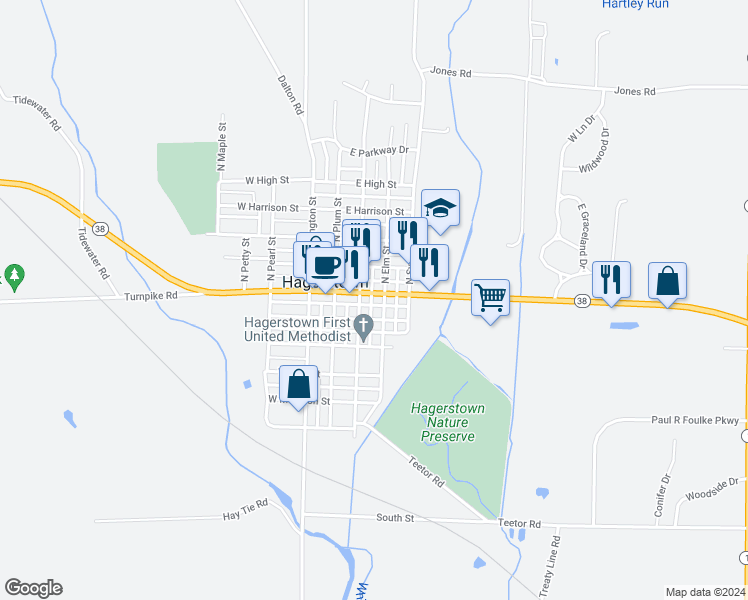 map of restaurants, bars, coffee shops, grocery stores, and more near 153 East Main Street in Hagerstown