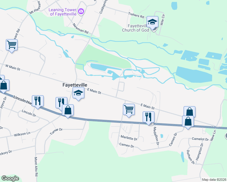 map of restaurants, bars, coffee shops, grocery stores, and more near 72 Mill Race Lane in Fayetteville