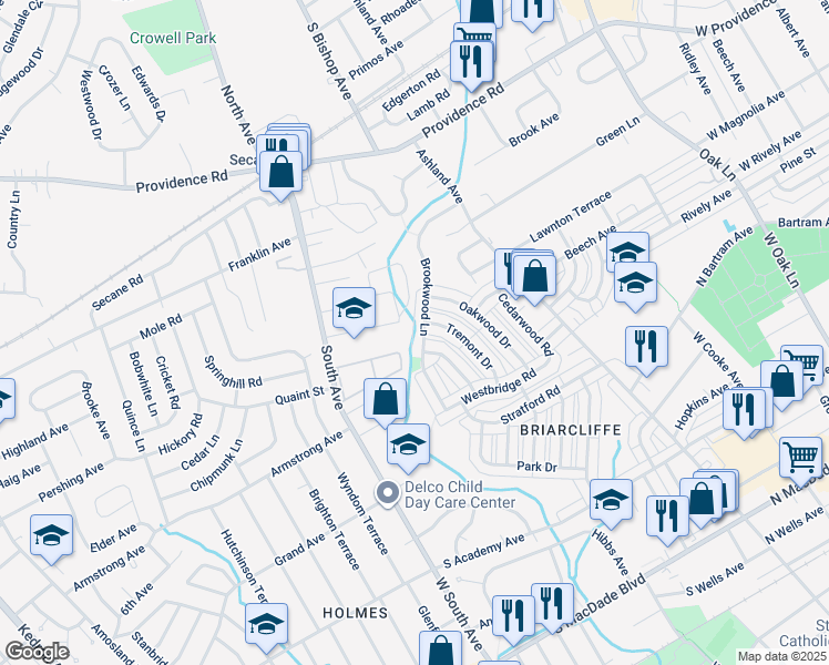 map of restaurants, bars, coffee shops, grocery stores, and more near 1122 Brookwood Lane in Glenolden