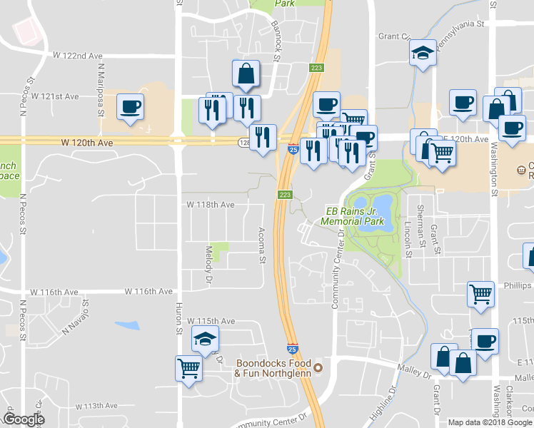 map of restaurants, bars, coffee shops, grocery stores, and more near 11780 Acoma Street in Northglenn