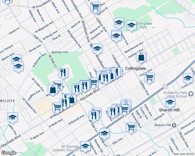 map of restaurants, bars, coffee shops, grocery stores, and more near 240 Lafayette Avenue in Collingdale
