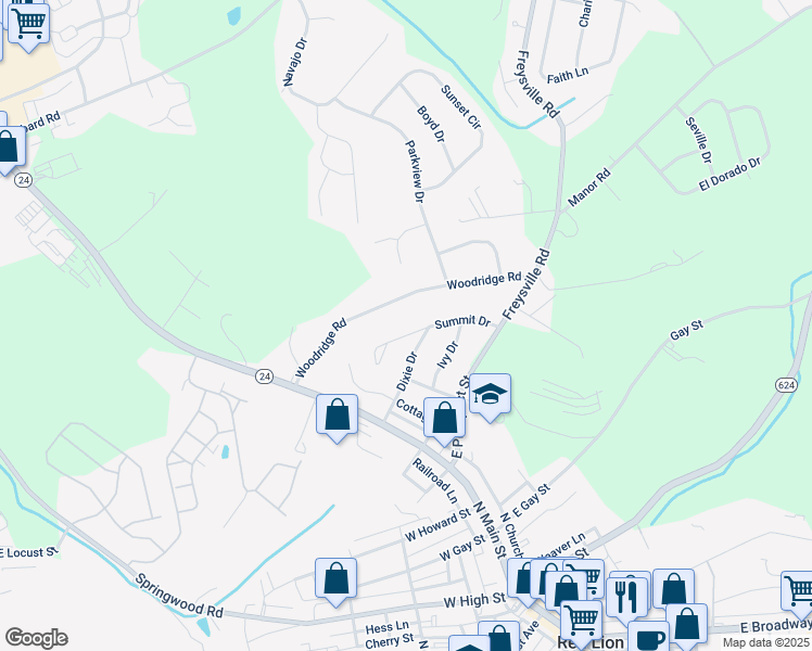 map of restaurants, bars, coffee shops, grocery stores, and more near 453 Summit Drive in Red Lion