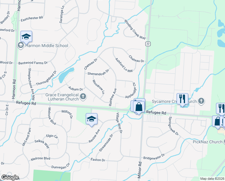 map of restaurants, bars, coffee shops, grocery stores, and more near 12137 Raintree Avenue in Pickerington