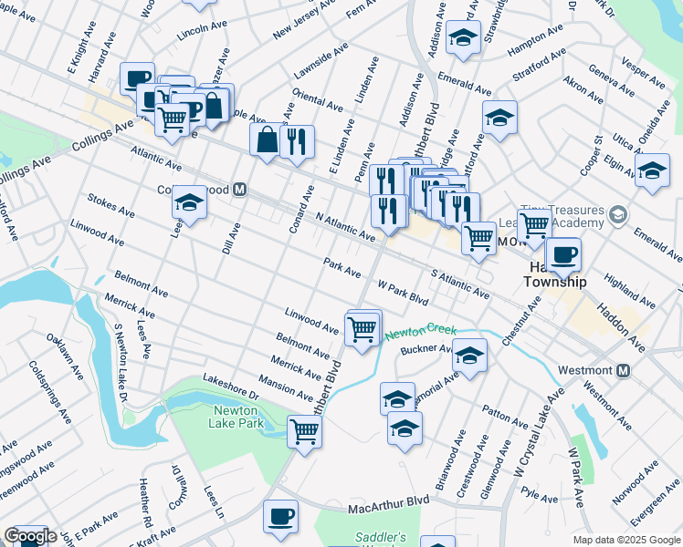map of restaurants, bars, coffee shops, grocery stores, and more near 1108 Park Avenue in Collingswood