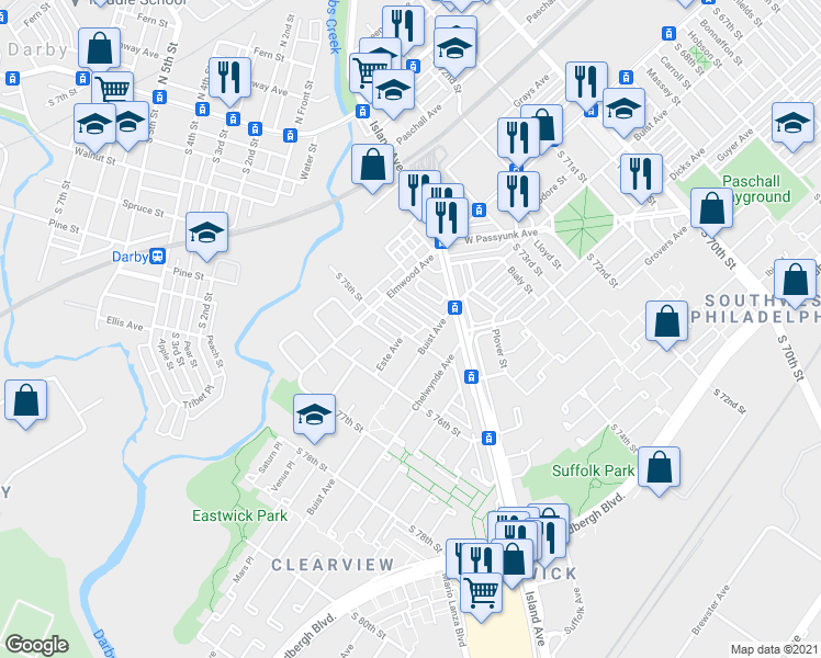 map of restaurants, bars, coffee shops, grocery stores, and more near 2547 South 75th Street in Philadelphia
