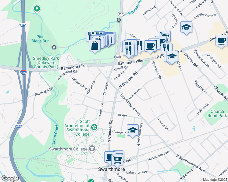 map of restaurants, bars, coffee shops, grocery stores, and more near 512 North Chester Road in Swarthmore