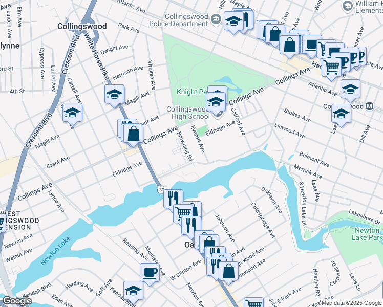 map of restaurants, bars, coffee shops, grocery stores, and more near 717 West Browning Road in Collingswood