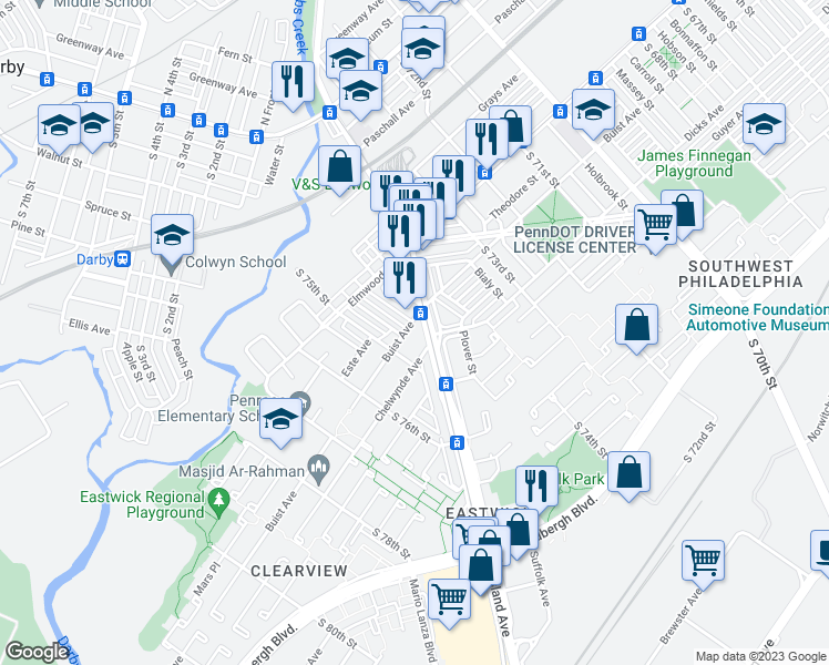 map of restaurants, bars, coffee shops, grocery stores, and more near 7410 Buist Avenue in Philadelphia