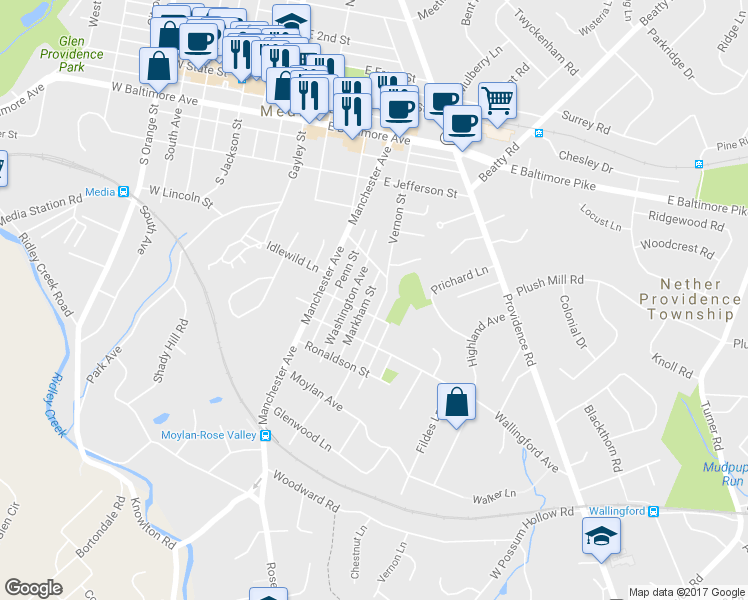 map of restaurants, bars, coffee shops, grocery stores, and more near 524 Vernon Street in Media