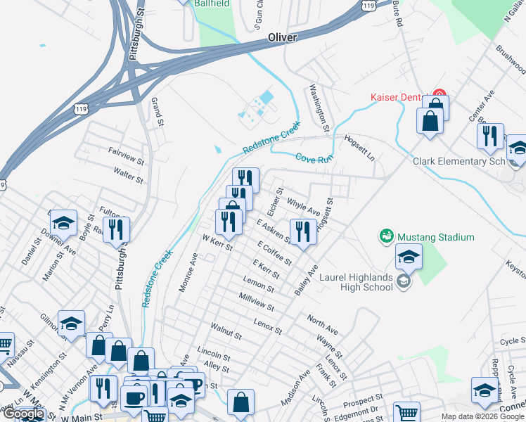 map of restaurants, bars, coffee shops, grocery stores, and more near 117 East Askren Street in Uniontown