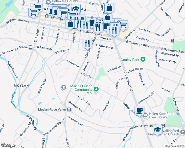 map of restaurants, bars, coffee shops, grocery stores, and more near 524 Vernon Street in Media