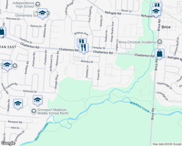 map of restaurants, bars, coffee shops, grocery stores, and more near 3294 Payday Lane in Columbus