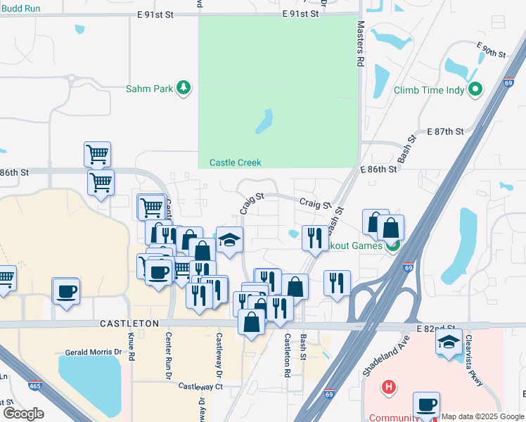 map of restaurants, bars, coffee shops, grocery stores, and more near 8477 Maple Grove Lane in Indianapolis