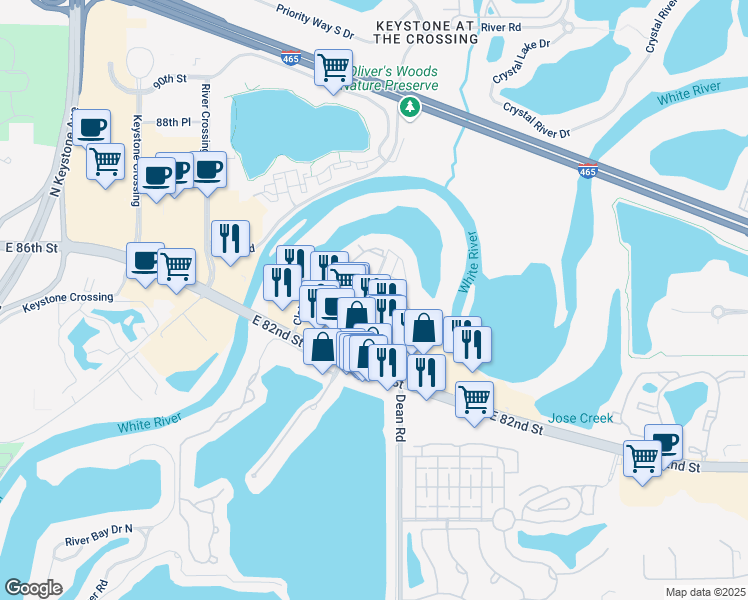 map of restaurants, bars, coffee shops, grocery stores, and more near 8447 Clearwater Lane in Indianapolis