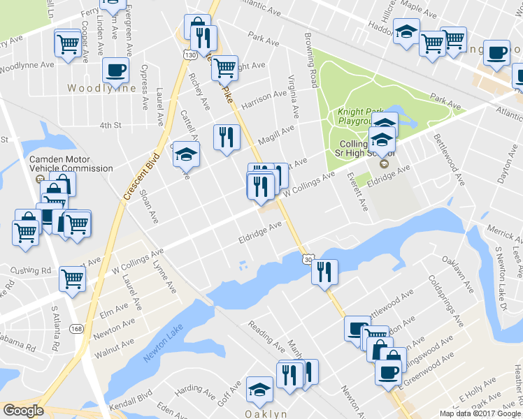 map of restaurants, bars, coffee shops, grocery stores, and more near 624 Collings Avenue in Oaklyn