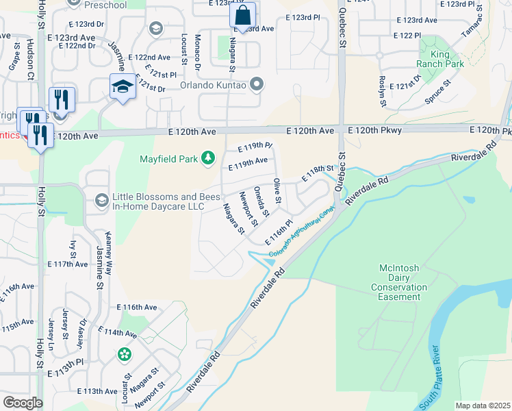 map of restaurants, bars, coffee shops, grocery stores, and more near 11739 Oneida Street in Thornton
