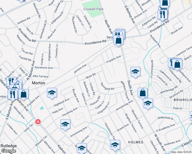 map of restaurants, bars, coffee shops, grocery stores, and more near 877 Springhill Road in Clifton Heights
