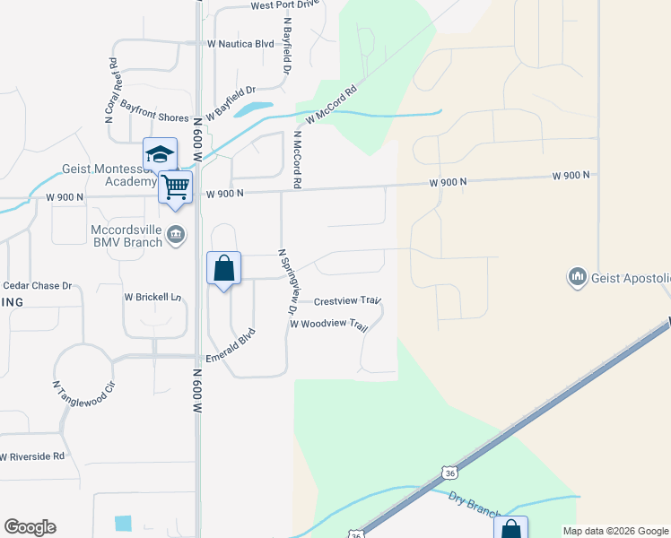 map of restaurants, bars, coffee shops, grocery stores, and more near 5650 West Stoneview Trail in McCordsville