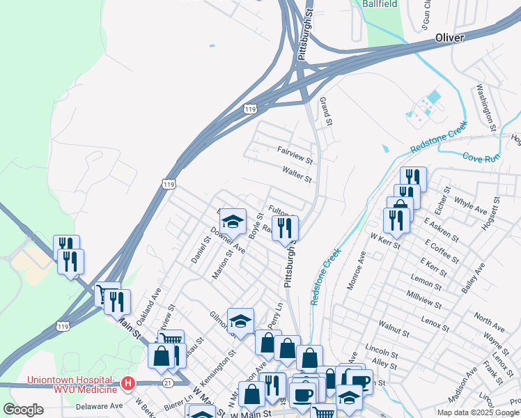 map of restaurants, bars, coffee shops, grocery stores, and more near 4 Springer Avenue in Uniontown