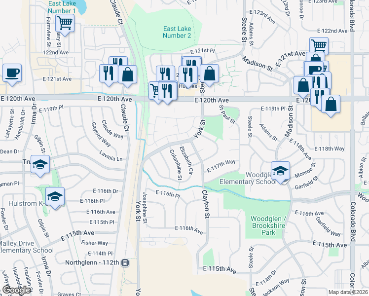 map of restaurants, bars, coffee shops, grocery stores, and more near 11884 Elizabeth Circle in Thornton