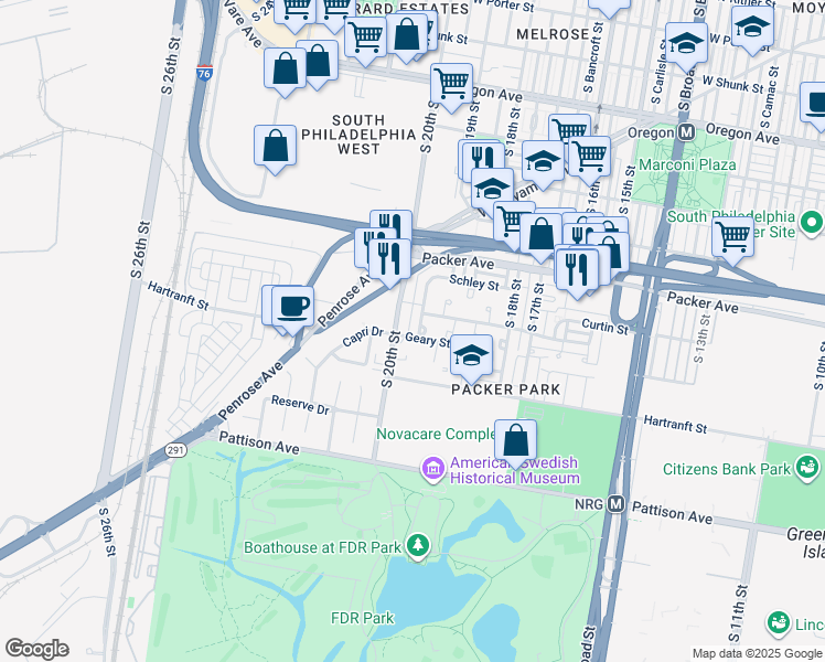 map of restaurants, bars, coffee shops, grocery stores, and more near 3196 South Uber Street in Philadelphia