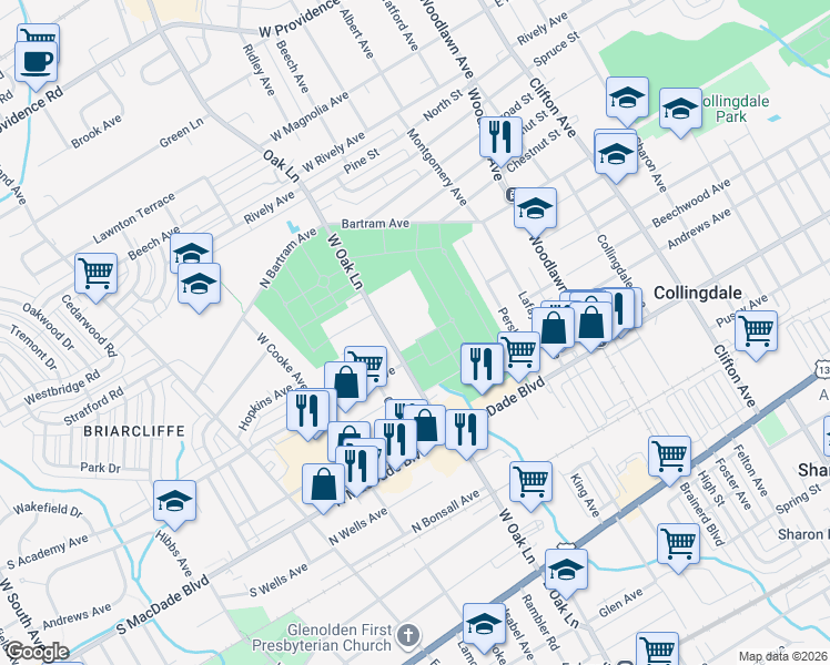 map of restaurants, bars, coffee shops, grocery stores, and more near 513 West Oak Lane in Glenolden