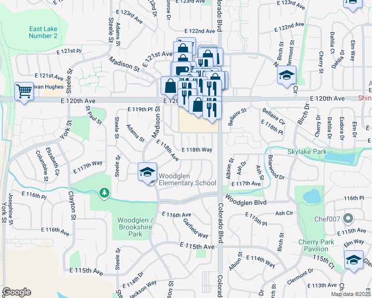 map of restaurants, bars, coffee shops, grocery stores, and more near 3718 East 118th Way in Thornton