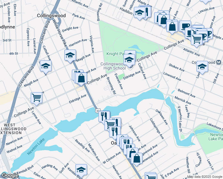 map of restaurants, bars, coffee shops, grocery stores, and more near 717 West Browning Road in Collingswood