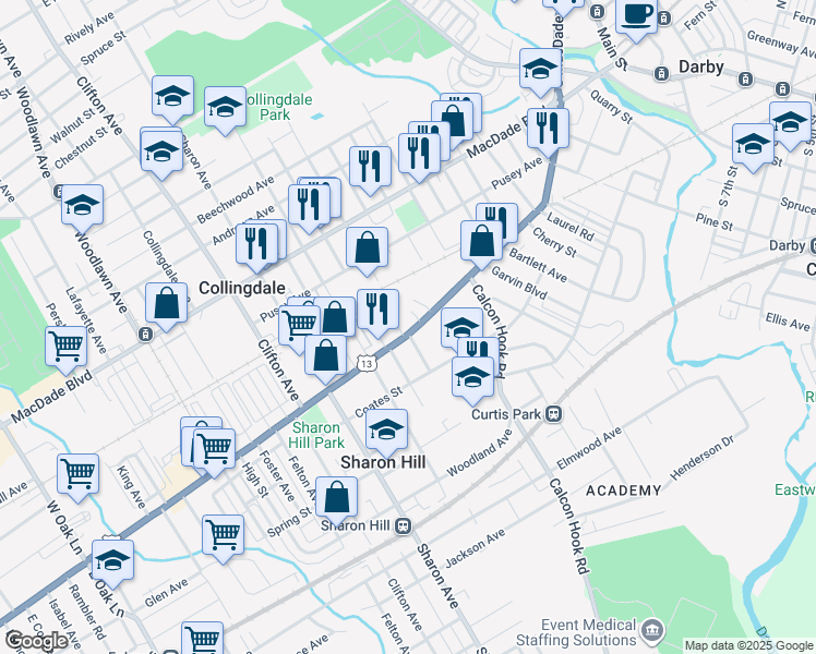 map of restaurants, bars, coffee shops, grocery stores, and more near 837 Chester Pike in Sharon Hill