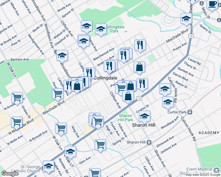 map of restaurants, bars, coffee shops, grocery stores, and more near 99 Clifton Avenue in Collingdale