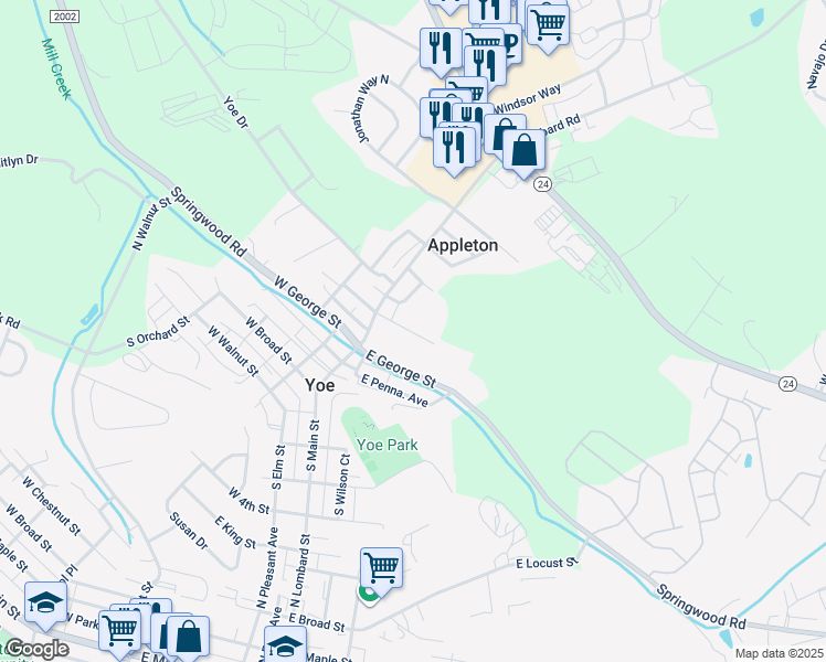 map of restaurants, bars, coffee shops, grocery stores, and more near 64 East High Street in Yoe