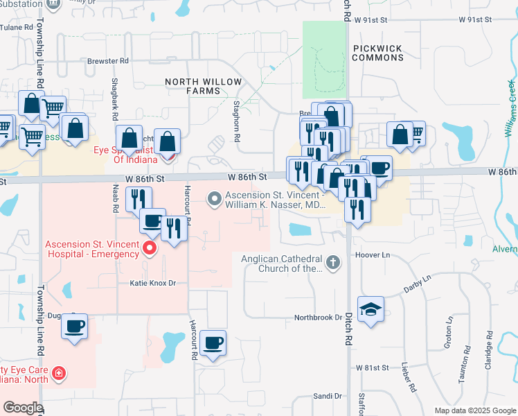 map of restaurants, bars, coffee shops, grocery stores, and more near 1658 Willowpoint Drive in Indianapolis